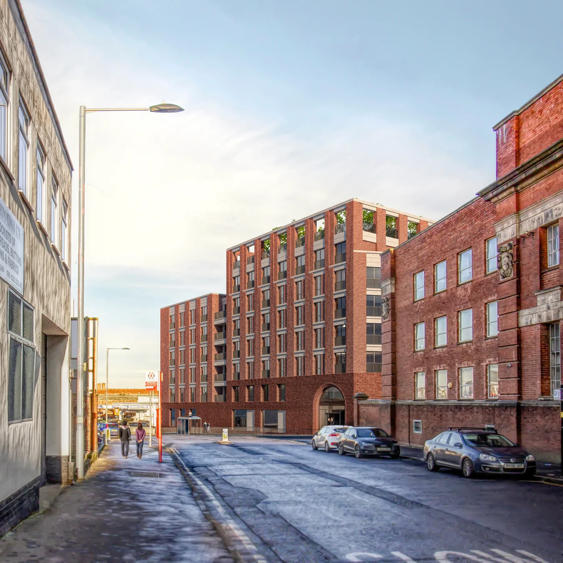 Red brick street elevation of The Crown Works